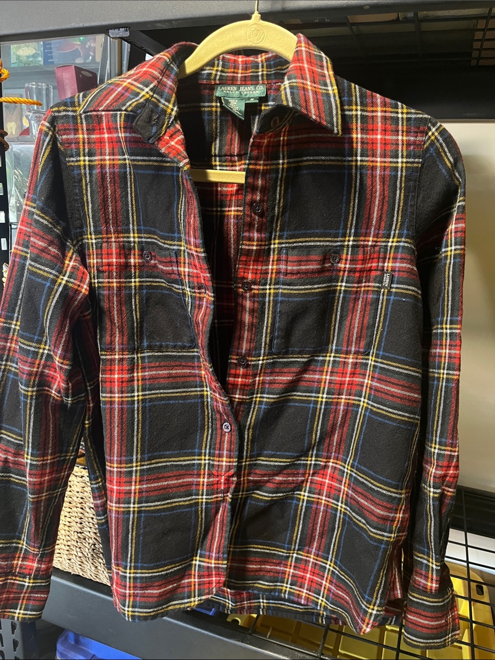 Ralph Lauren Black Plaid Flannel Jacket with Red & Yellow Accents